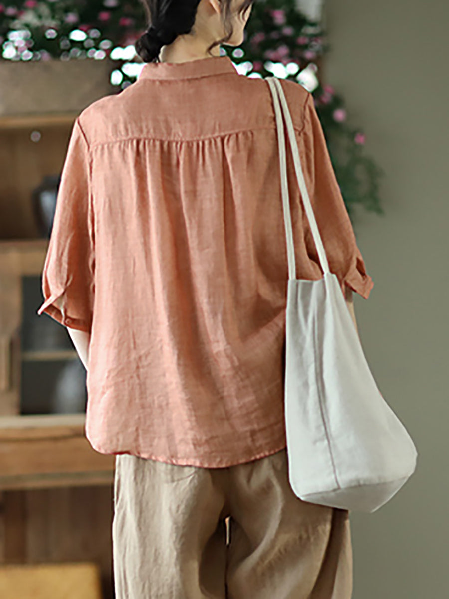 Women Spring Artsy Solid Button Embroidery Loose Ramie Shirt