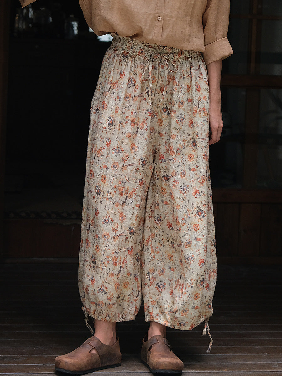 Women Summer Artsy Floral Lacework Drawstring Linen Bloomers