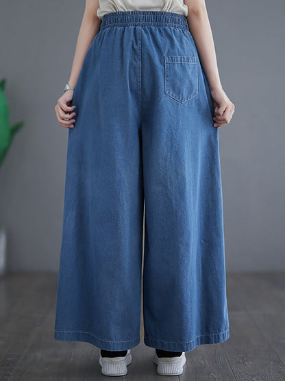 Women Summer Thin Solid Drawstring Wide-leg Denim Pants