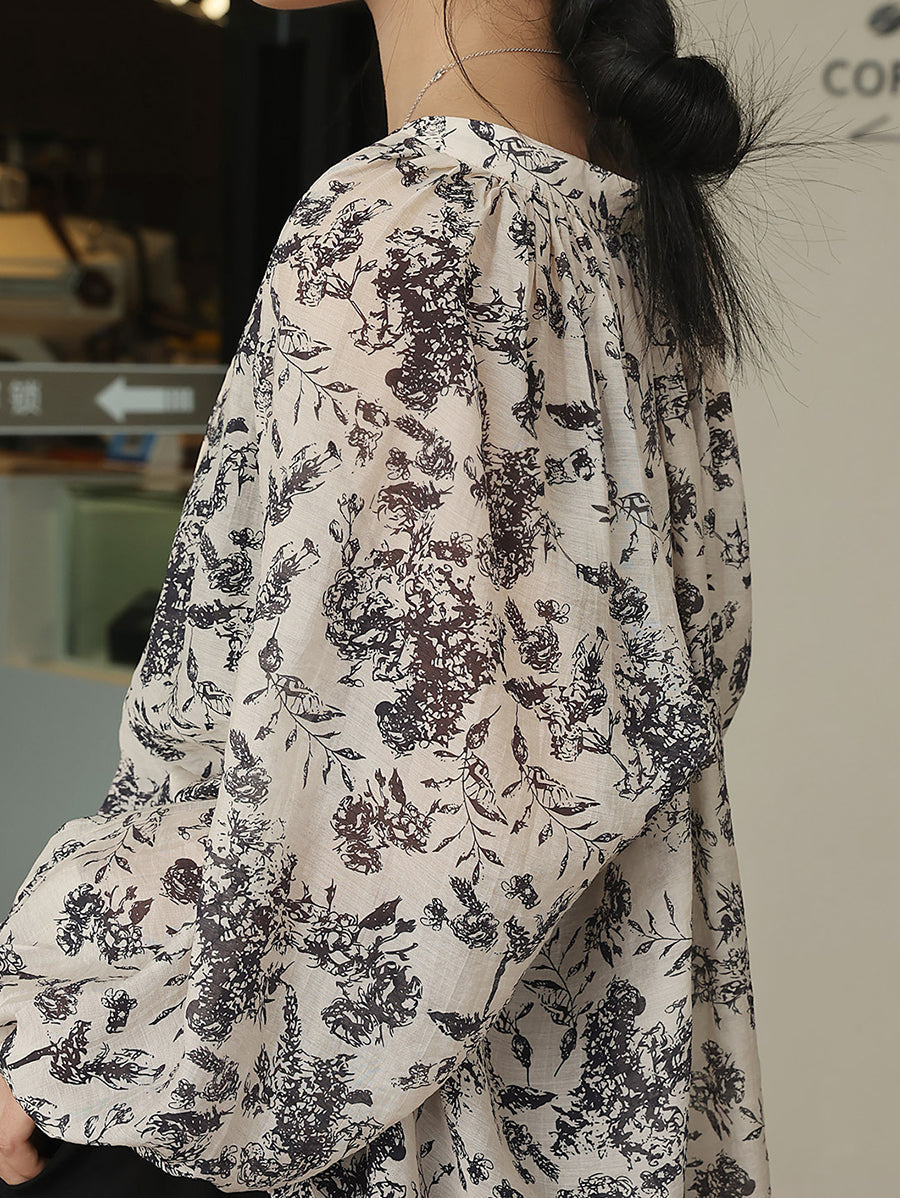 Women Artsy Drawstring Ornate Button Leaf Print Shirt