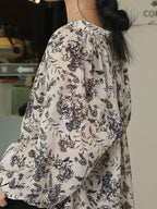 Women Artsy Drawstring Ornate Button Leaf Print Shirt