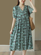 Women Summer Artsy Flower V-Neck High Waist Dress