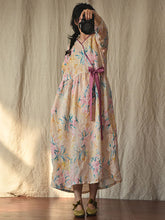 Load image into Gallery viewer, Women Vintage Flower Drwastring V-Neck Loose Ramie Dress