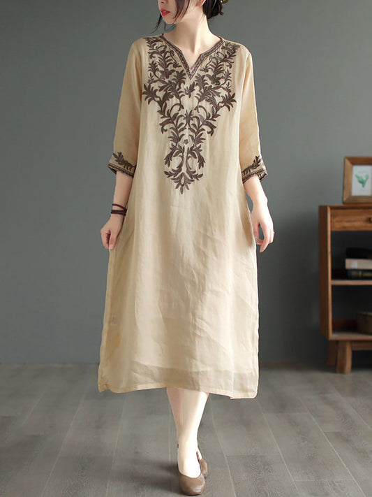 Women Summer Ethnic Embroidery Loose Ramie Dress(2 Pieces)