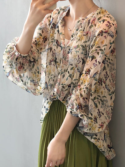 Women Summer Artsy Floral V-neck Loose Shirt