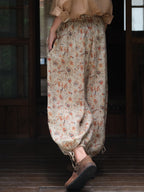 Women Summer Artsy Floral Lacework Drawstring Linen Bloomers