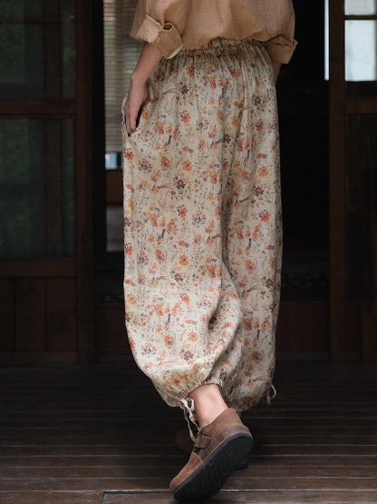 Women Summer Artsy Floral Lacework Drawstring Linen Bloomers