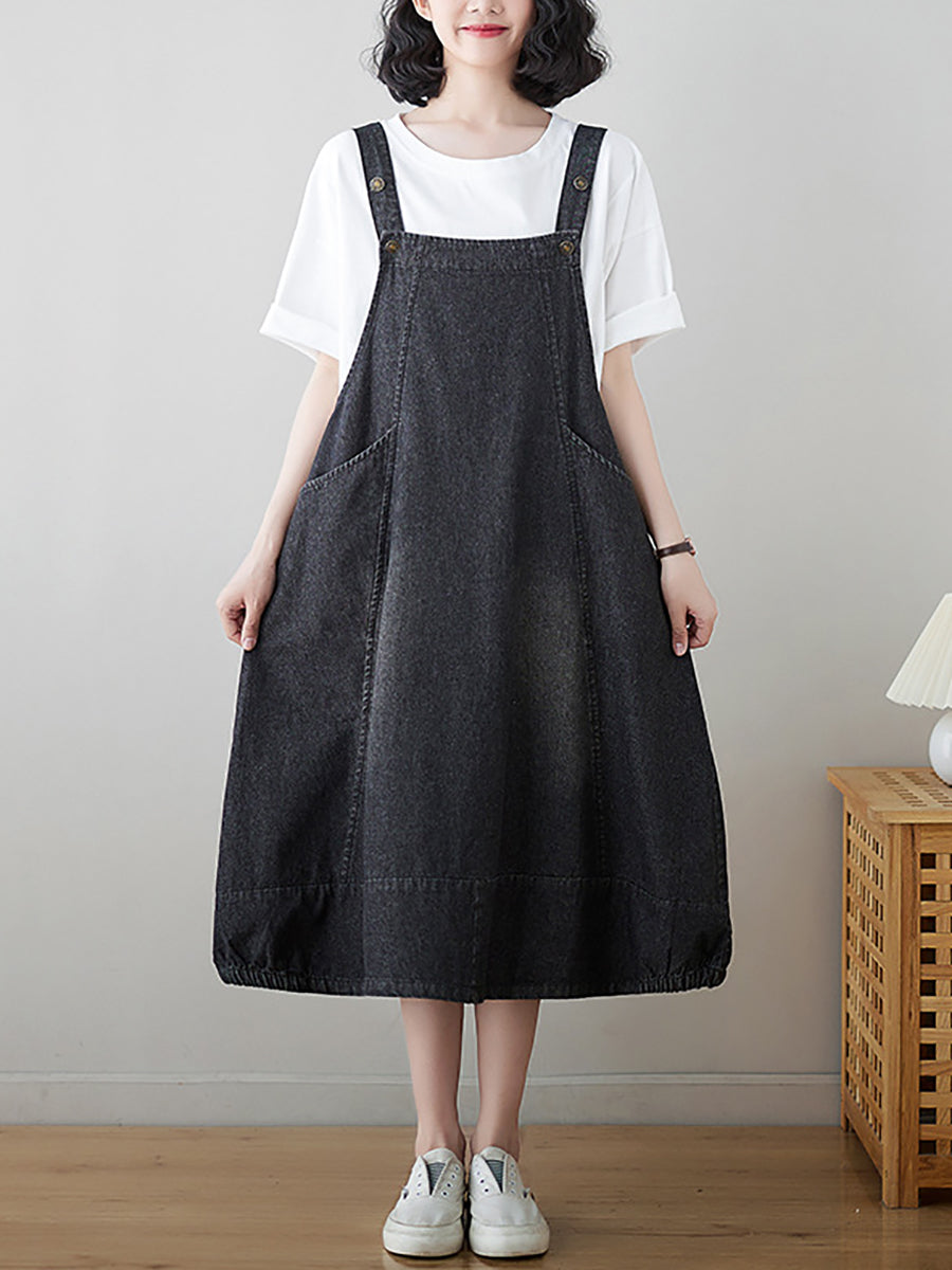 Women Summer Solid Worn Demin Suspender Dress