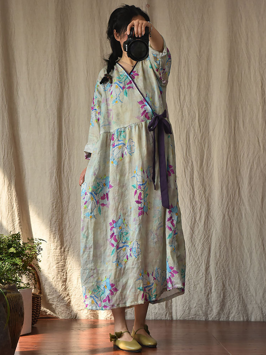 Women Vintage Flower Drwastring V-Neck Loose Ramie Dress