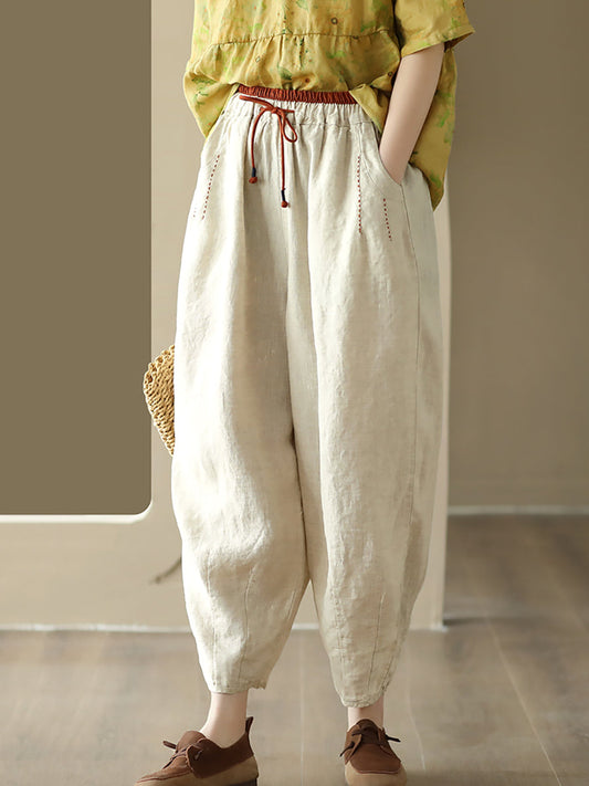 Women Casual Solid Drawstring Colorblock Waist Linen Pants