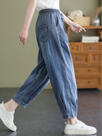 Women Summer Worn Solid Pleat Loose Pocket Denim Pants
