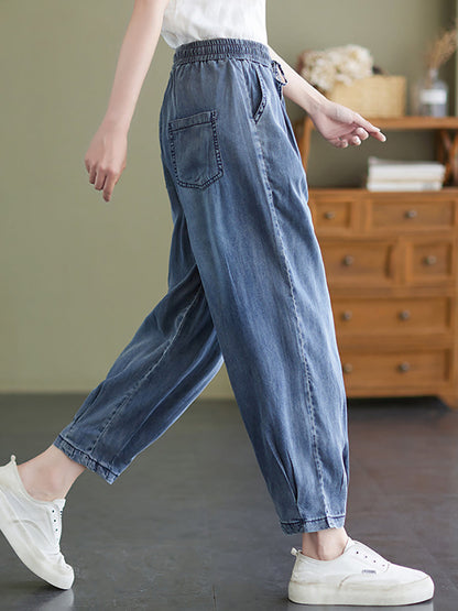 Women Summer Worn Solid Pleat Loose Pocket Denim Pants