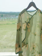 Women Vintage Artsy Flower Print Button Linen Robe Dress