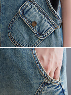 Women Casual Solid Washed Pocket V-Neck Denim Jumpsuits