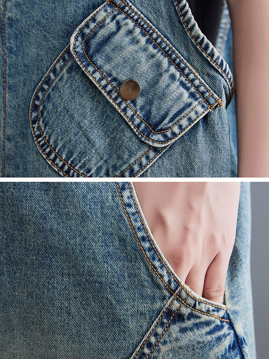 Women Casual Solid Washed Pocket V-Neck Denim Jumpsuits