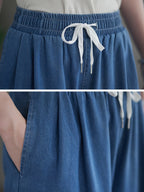 Women Summer Thin Solid Drawstring Wide-leg Denim Pants