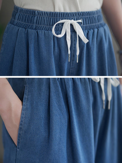 Women Summer Thin Solid Drawstring Wide-leg Denim Pants