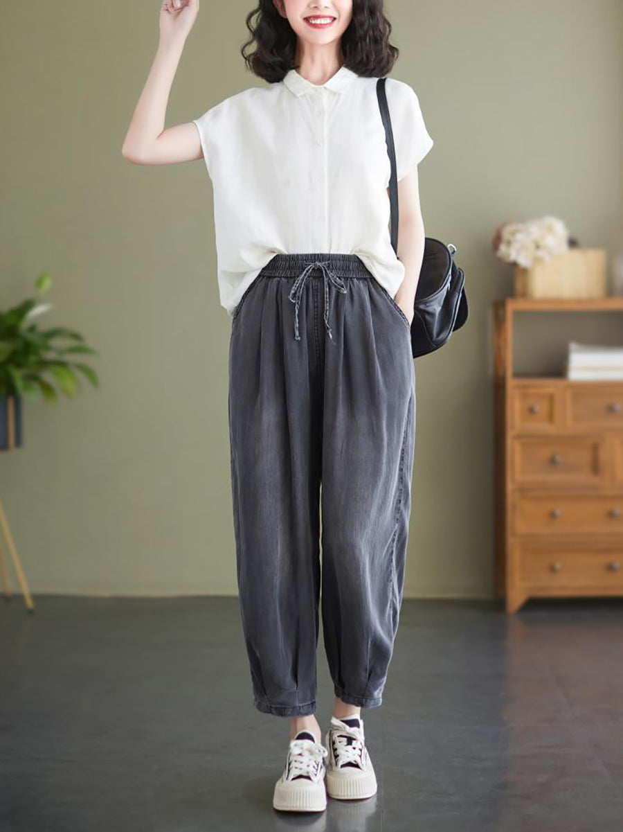 Women Summer Worn Solid Pleat Loose Pocket Denim Pants