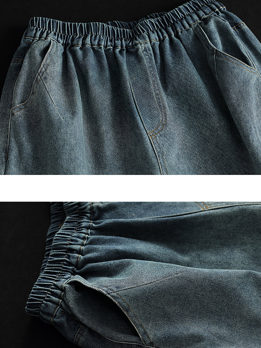 Women Casual Soft Solid Pocket Denim Straight-leg Pants