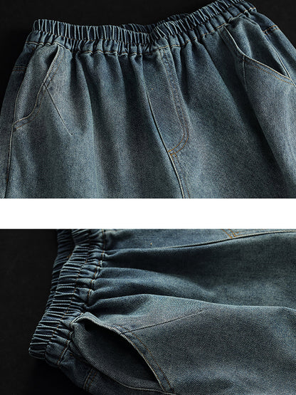 Women Casual Soft Solid Pocket Denim Straight-leg Pants