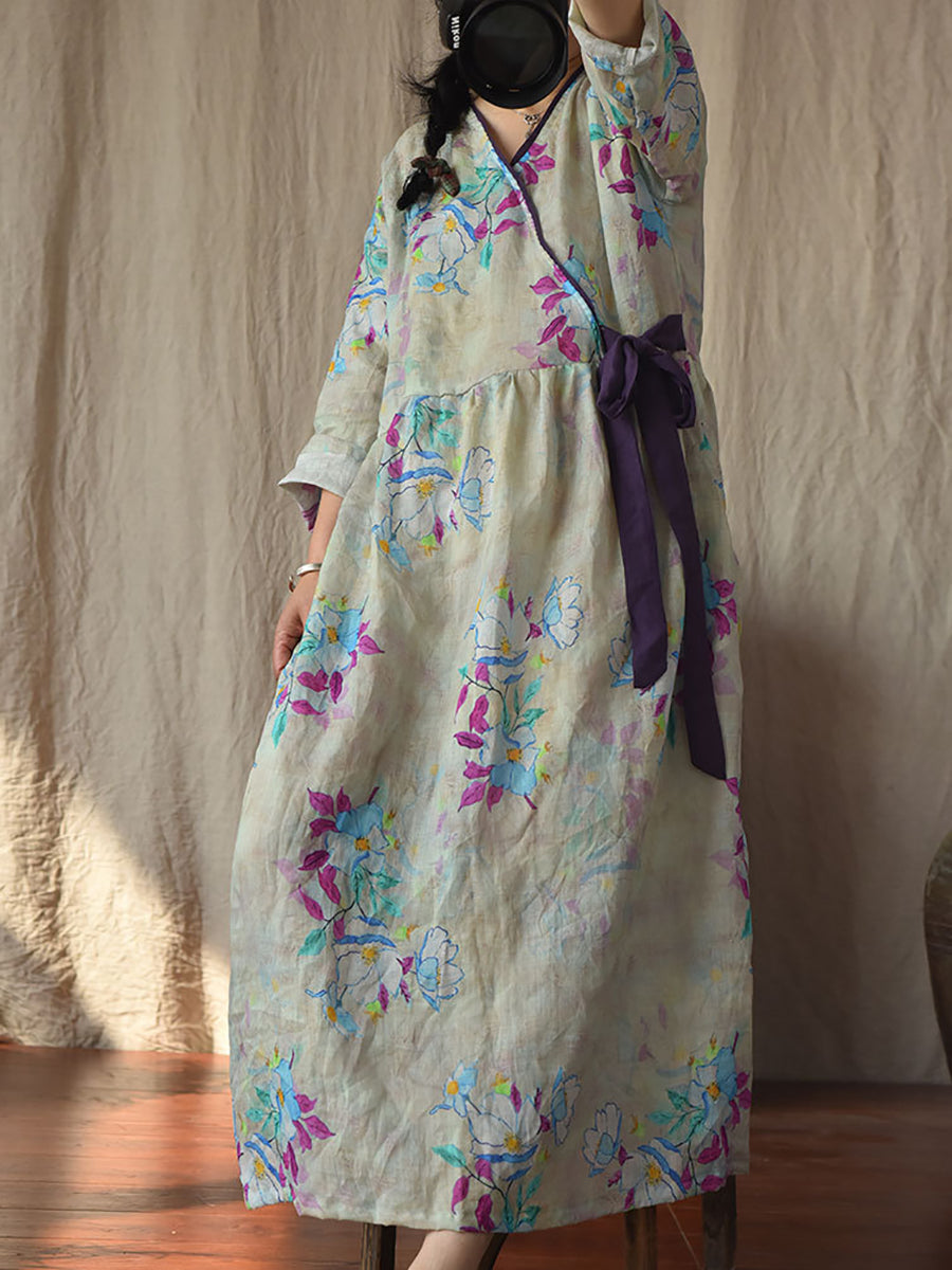 Women Vintage Flower Drwastring V-Neck Loose Ramie Dress