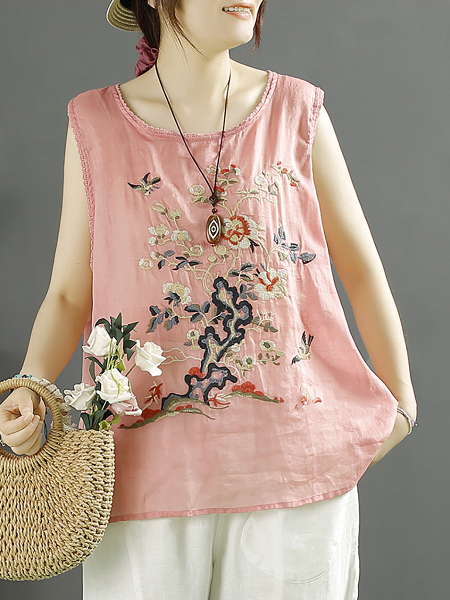 Women Summer Vintage Flower Embroidery Loose Ramie Vest
