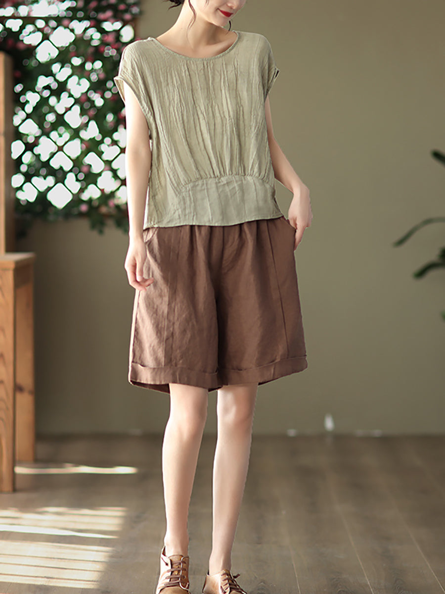 Women Casual Summer Stitching Crease Ramie Shirt