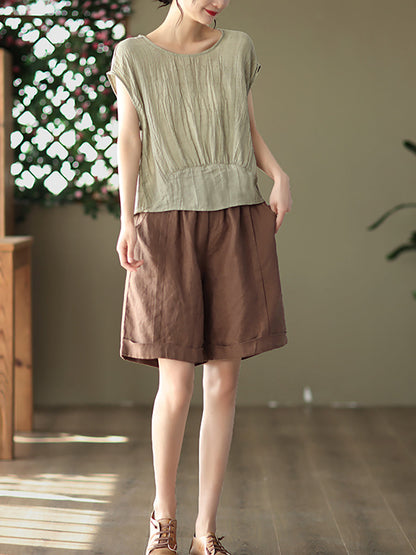 Women Casual Summer Stitching Crease Ramie Shirt