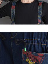 Load image into Gallery viewer, Women Casual Retro Print Pocket Loose Spliced Denim Jumpsuits