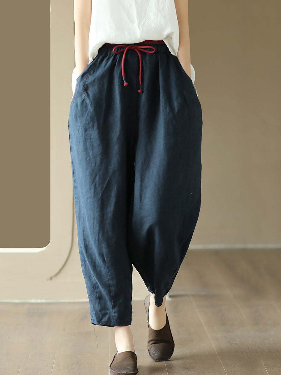 Women Casual Solid Drawstring Colorblock Waist Linen Pants