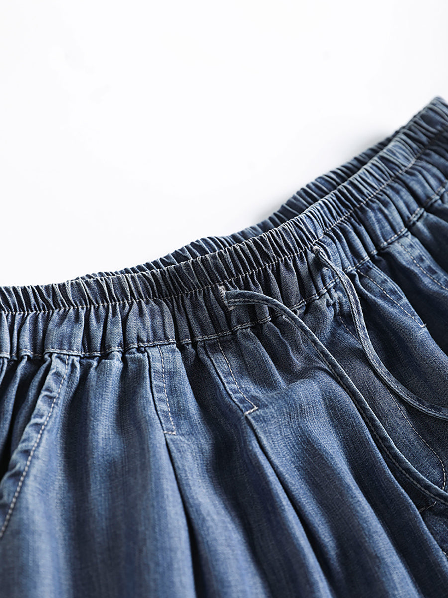 Women Summer Caual Solid Pocket Drawstring Denim Pants