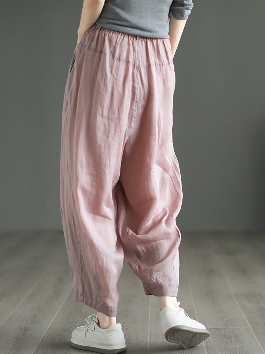 Women Vintage Solid Button Pleat Summer Ramie Pants