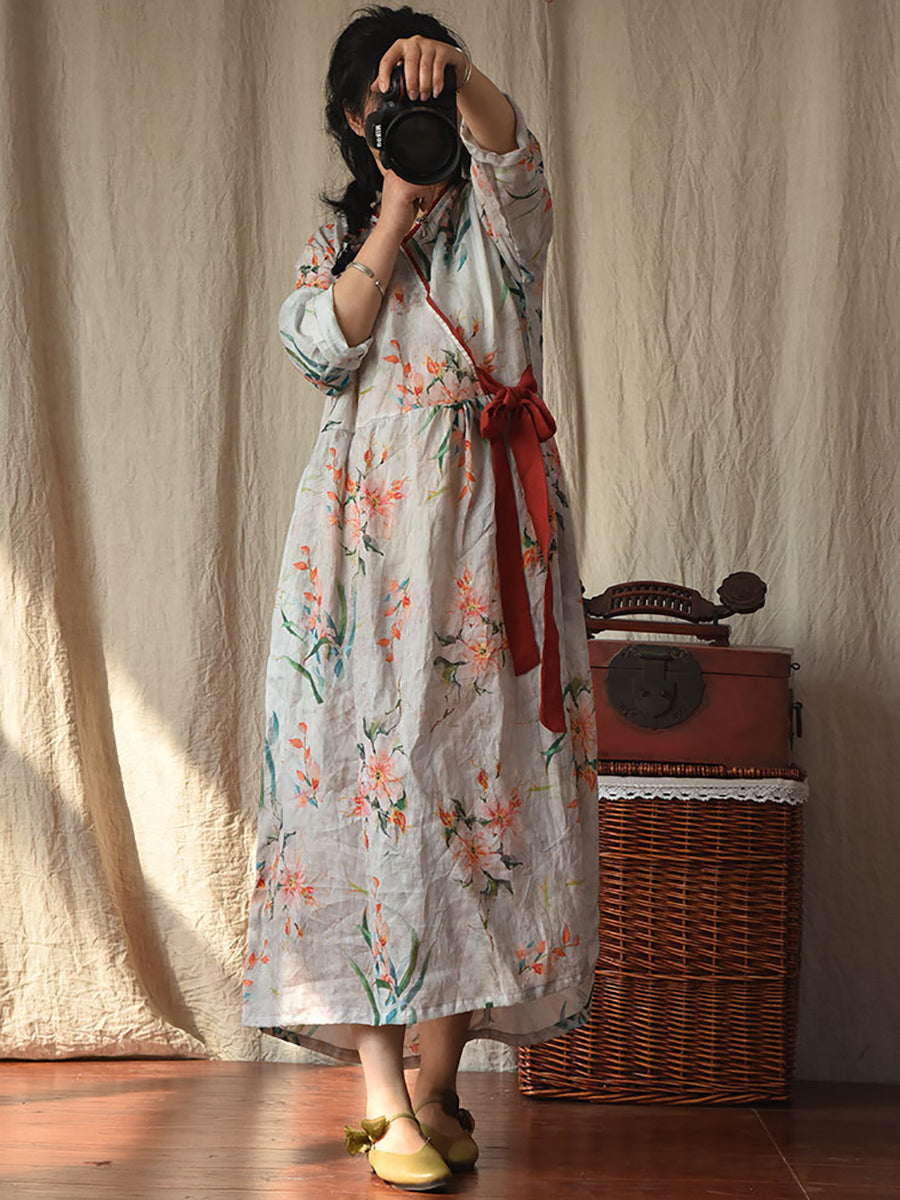 Women Vintage Flower Drwastring V-Neck Loose Ramie Dress