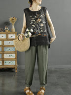 Women Summer Vintage Flower Embroidery Loose Ramie Vest