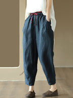 Women Casual Solid Drawstring Colorblock Waist Linen Pants