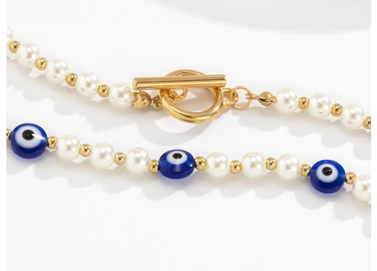 Geometric simple OT buckle single-layer clavicle chain Retro stitching artificial pearl eye necklace