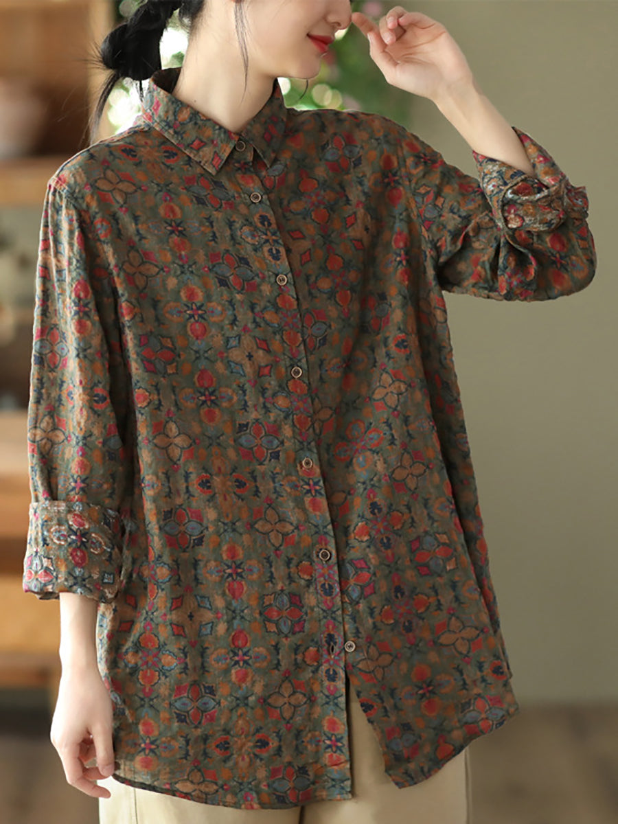 Plus Size Women Spring Vintage Floral Button T-shirt