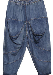 2019 autumn old casual pants big pockets denim blue harem pants