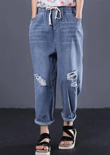 Load image into Gallery viewer, 2019 new denim blue plus size pants elastic waist drawstring ripped Jeans