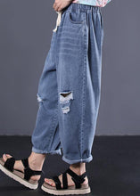 Load image into Gallery viewer, 2019 new denim blue plus size pants elastic waist drawstring ripped Jeans
