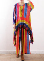 2021 spring casual patchwork color striped two pieces asymmetric hem tops and elastic waist women wide leg pants