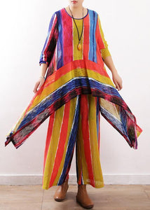 2021 spring casual patchwork color striped two pieces asymmetric hem tops and elastic waist women wide leg pants