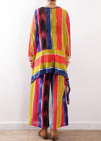 2021 spring casual patchwork color striped two pieces asymmetric hem tops and elastic waist women wide leg pants