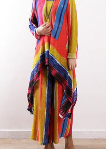 2021 spring casual patchwork color striped two pieces asymmetric hem tops and elastic waist women wide leg pants