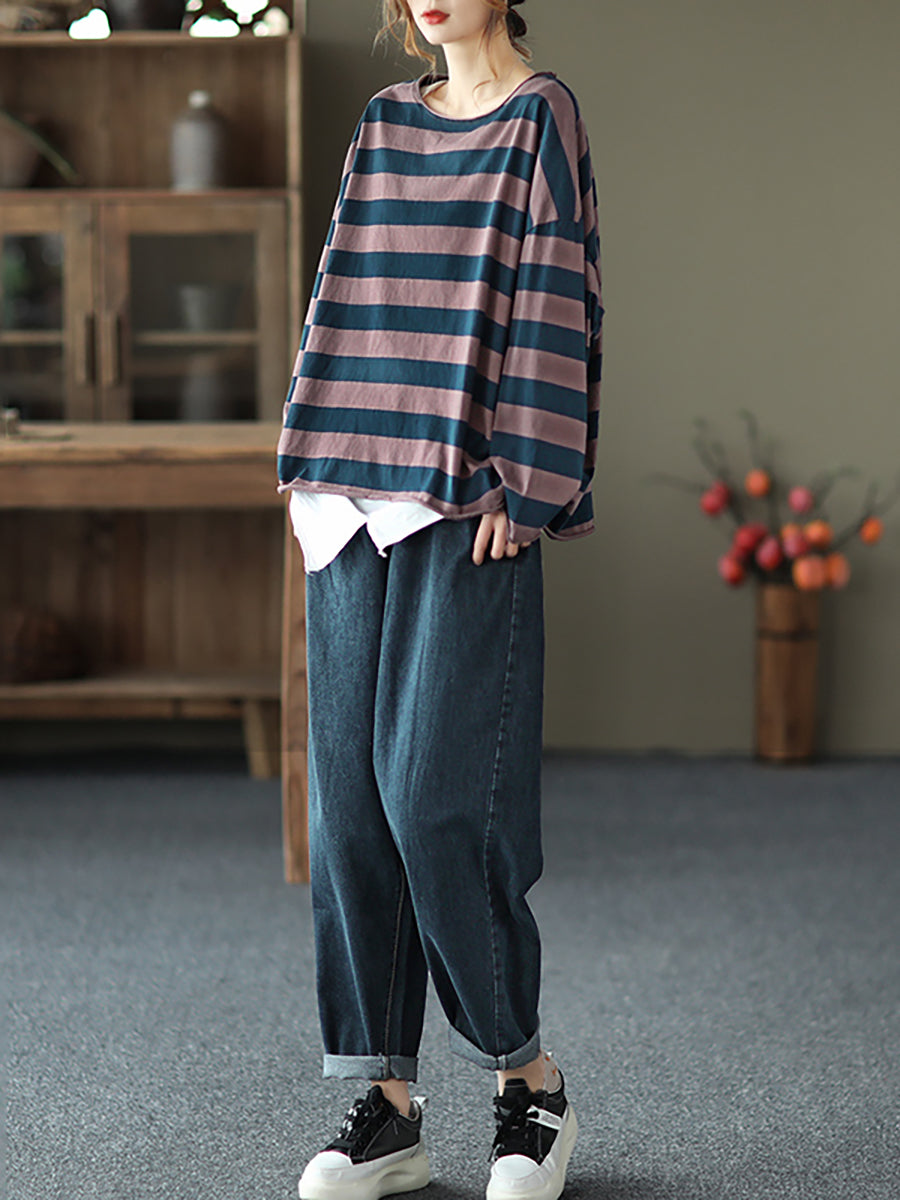 Plus Size - 100% Cotton Spring Casual Striped T-Shirt