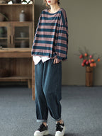 Plus Size - 100% Cotton Spring Casual Striped T-Shirt