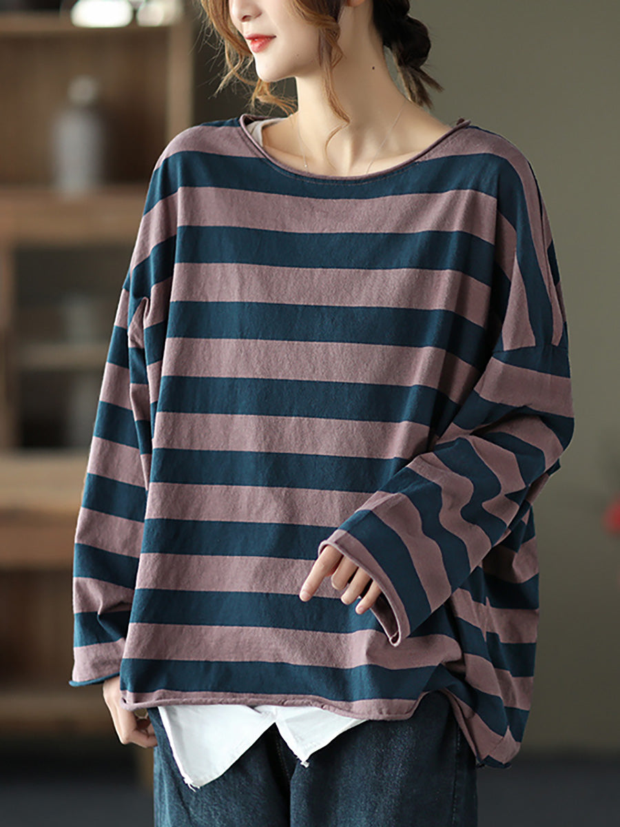 Plus Size - 100% Cotton Spring Casual Striped T-Shirt
