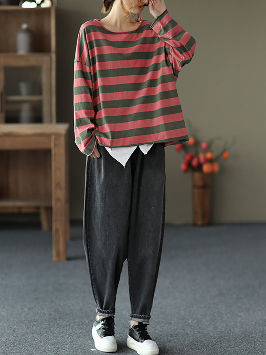 Plus Size - 100% Cotton Spring Casual Striped T-Shirt