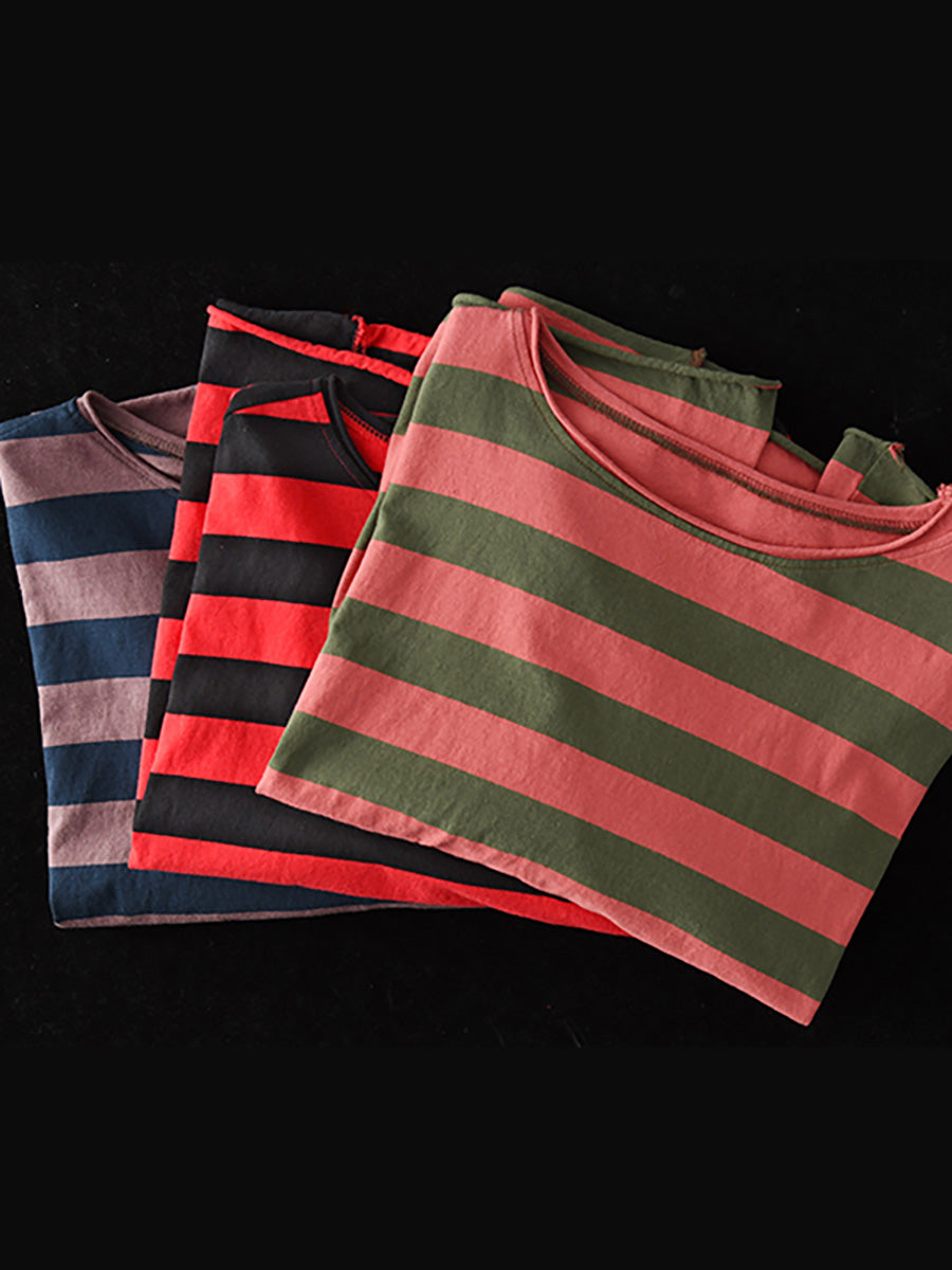 Plus Size - 100% Cotton Spring Casual Striped T-Shirt