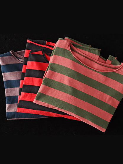 Plus Size - 100% Cotton Spring Casual Striped T-Shirt